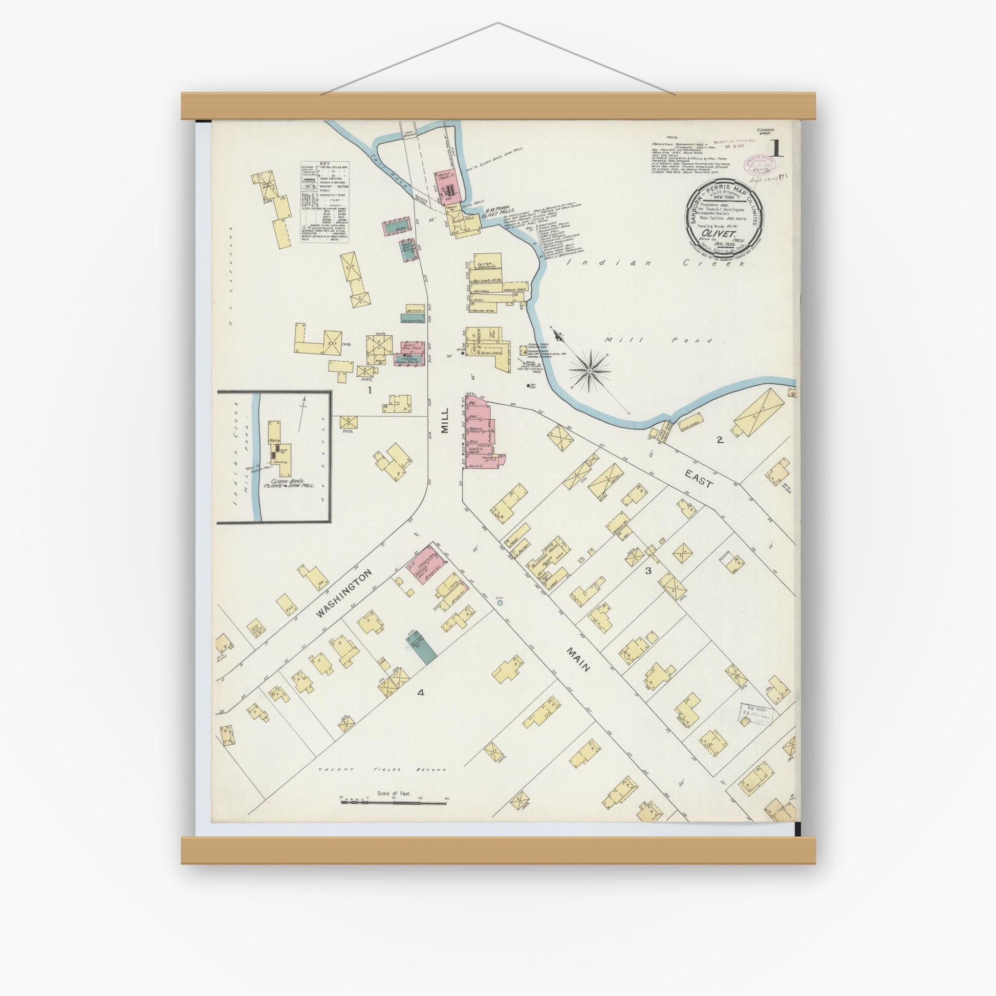 Old map wall art mockup — magnetic wood frame on white wall — Sanborn Fire Insurance Map from Olivet, Eaton County, Michigan (1893) - Complete Map Set