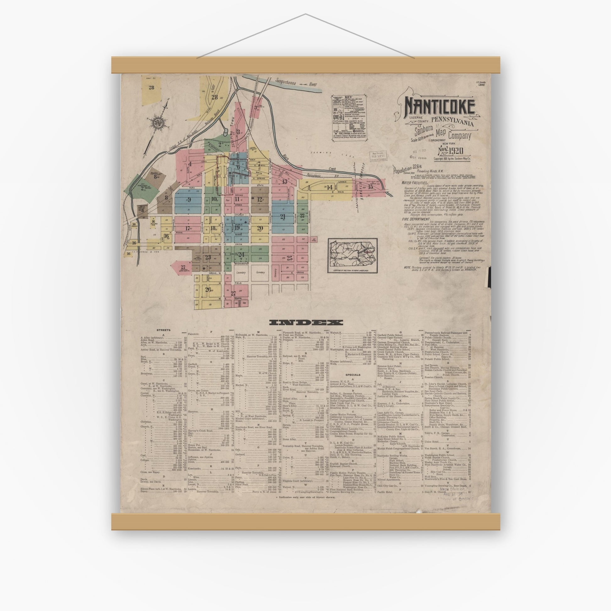 Old map wall art mockup — magnetic wood frame on white wall — Sanborn Fire Insurance Map from Nanticoke, Luzerne County, Pennsylvania (1920) - Complete Map Set