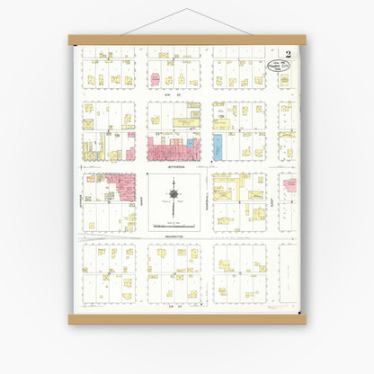 Old map wall art mockup — magnetic wood frame on white wall — Sanborn Fire Insurance Map from Prairie City, Jasper County, Iowa (1916), Sheet #0002