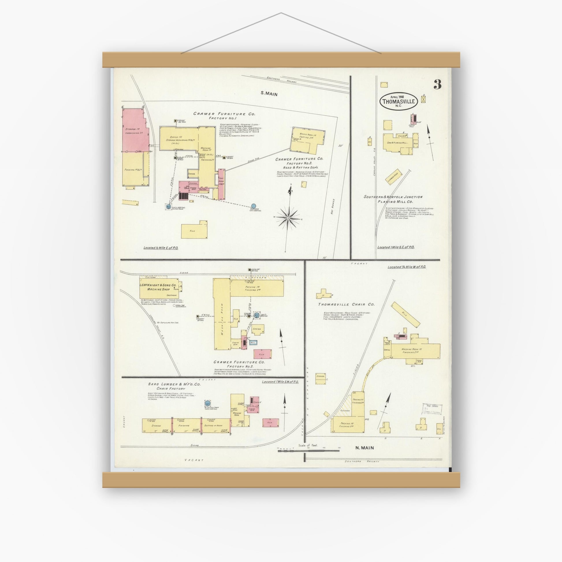 Old map wall art mockup — magnetic wood frame on white wall — Sanborn Fire Insurance Map from Thomasville, Davidson County, North Carolina (1908), Sheet #0003