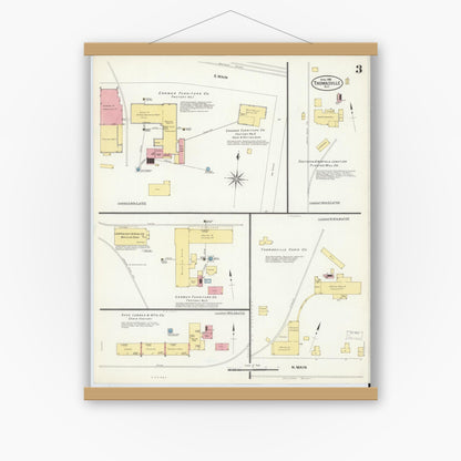 Old map wall art mockup — magnetic wood frame on white wall — Sanborn Fire Insurance Map from Thomasville, Davidson County, North Carolina (1908), Sheet #0003