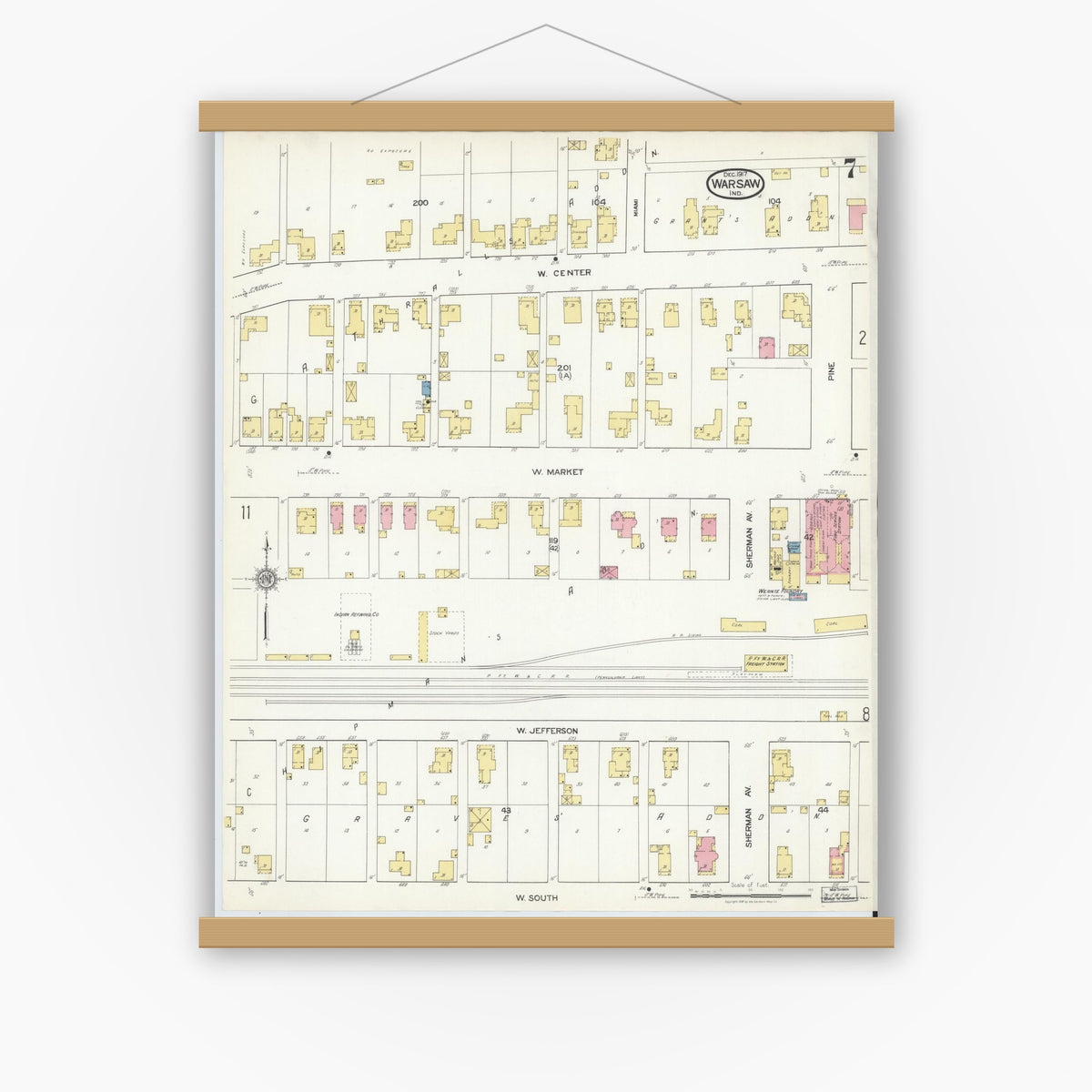 Old map wall art mockup — magnetic wood frame on white wall — Sanborn Fire Insurance Map from Warsaw, Kosciusko County, Indiana (1917), Sheet #0007