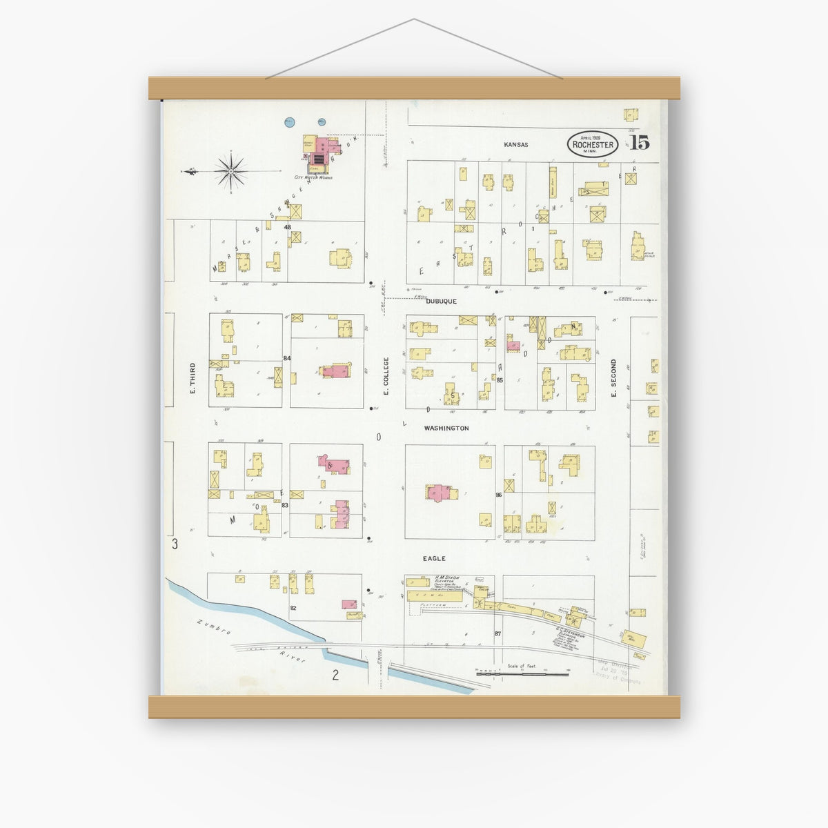 Old map wall art mockup — magnetic wood frame on white wall — Sanborn Fire Insurance Map from Rochester, Olmsted County, Minnesota (1909), Sheet #0015