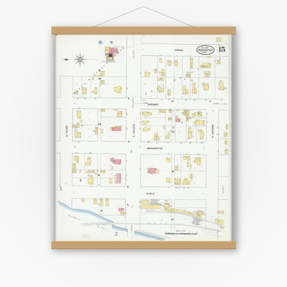 Old map wall art mockup — magnetic wood frame on white wall — Sanborn Fire Insurance Map from Rochester, Olmsted County, Minnesota (1909), Sheet #0015
