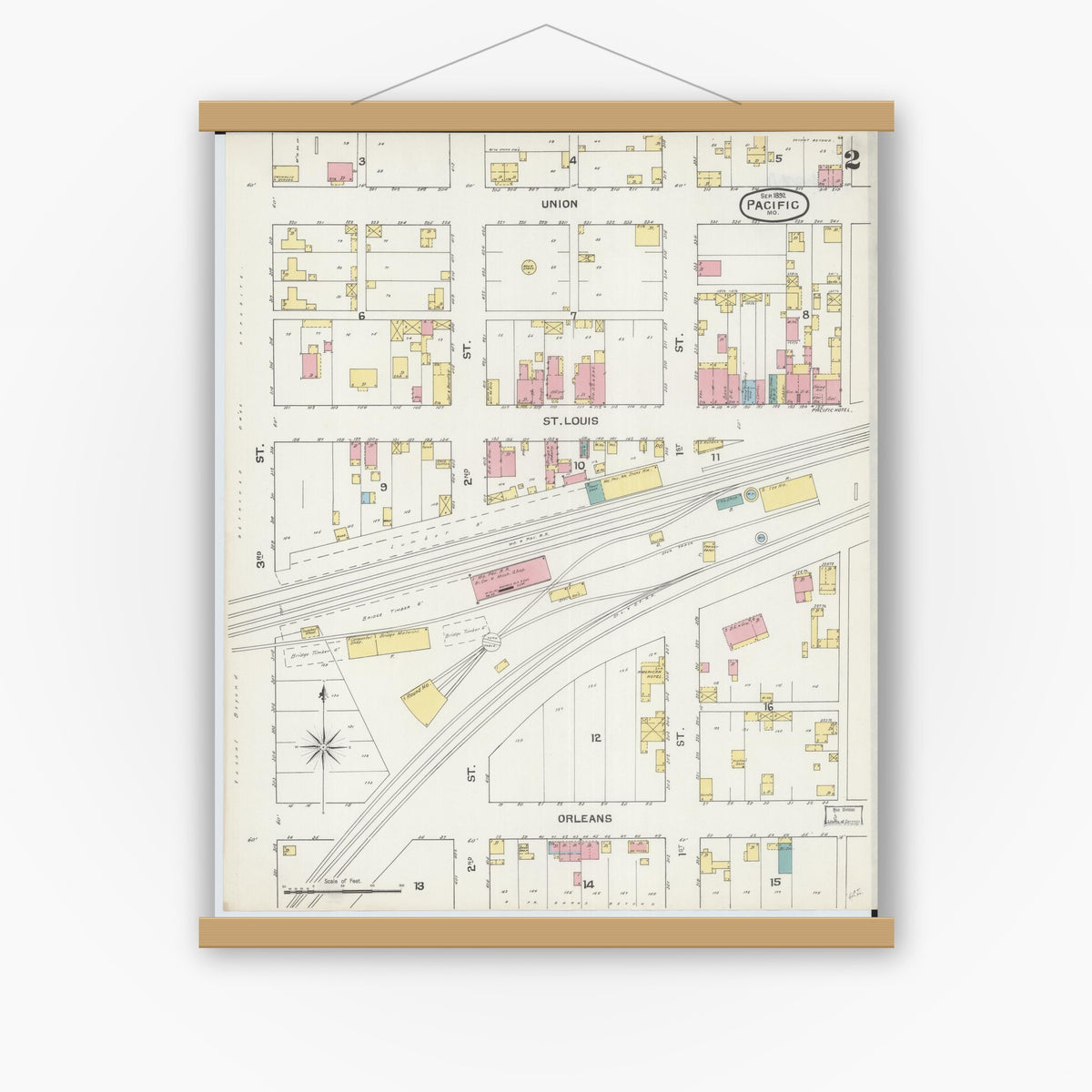 Old map wall art mockup — magnetic wood frame on white wall — Sanborn Fire Insurance Map from Pacific, Franklin County, Missouri (1892), Sheet #0002