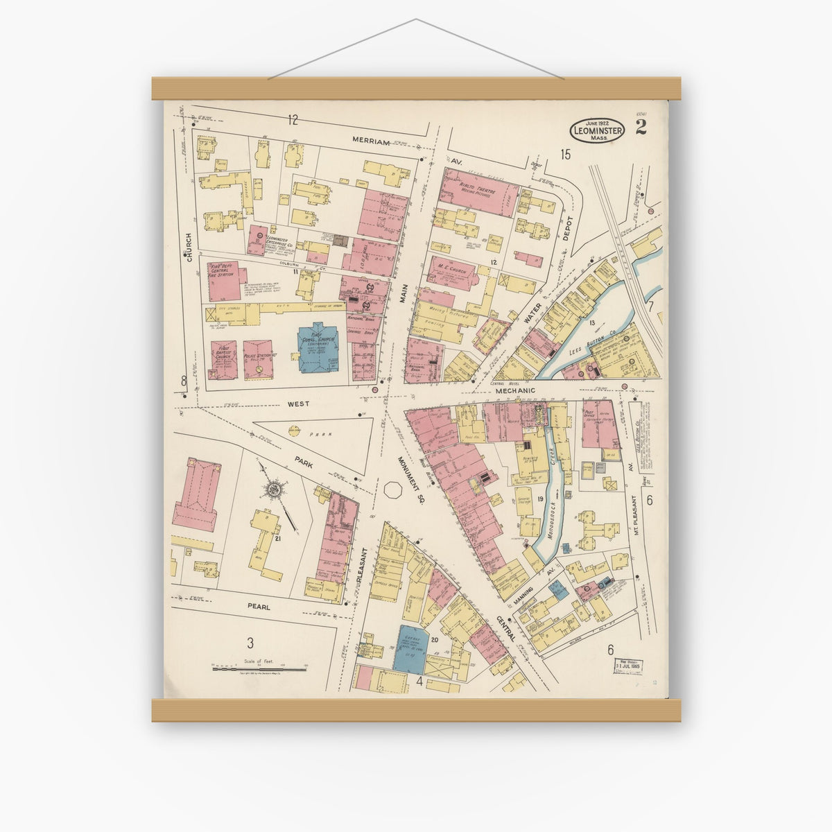 Old map wall art mockup — magnetic wood frame on white wall — Sanborn Fire Insurance Map from Leominster, Worcester County, Massachusetts (1922), Sheet #0002
