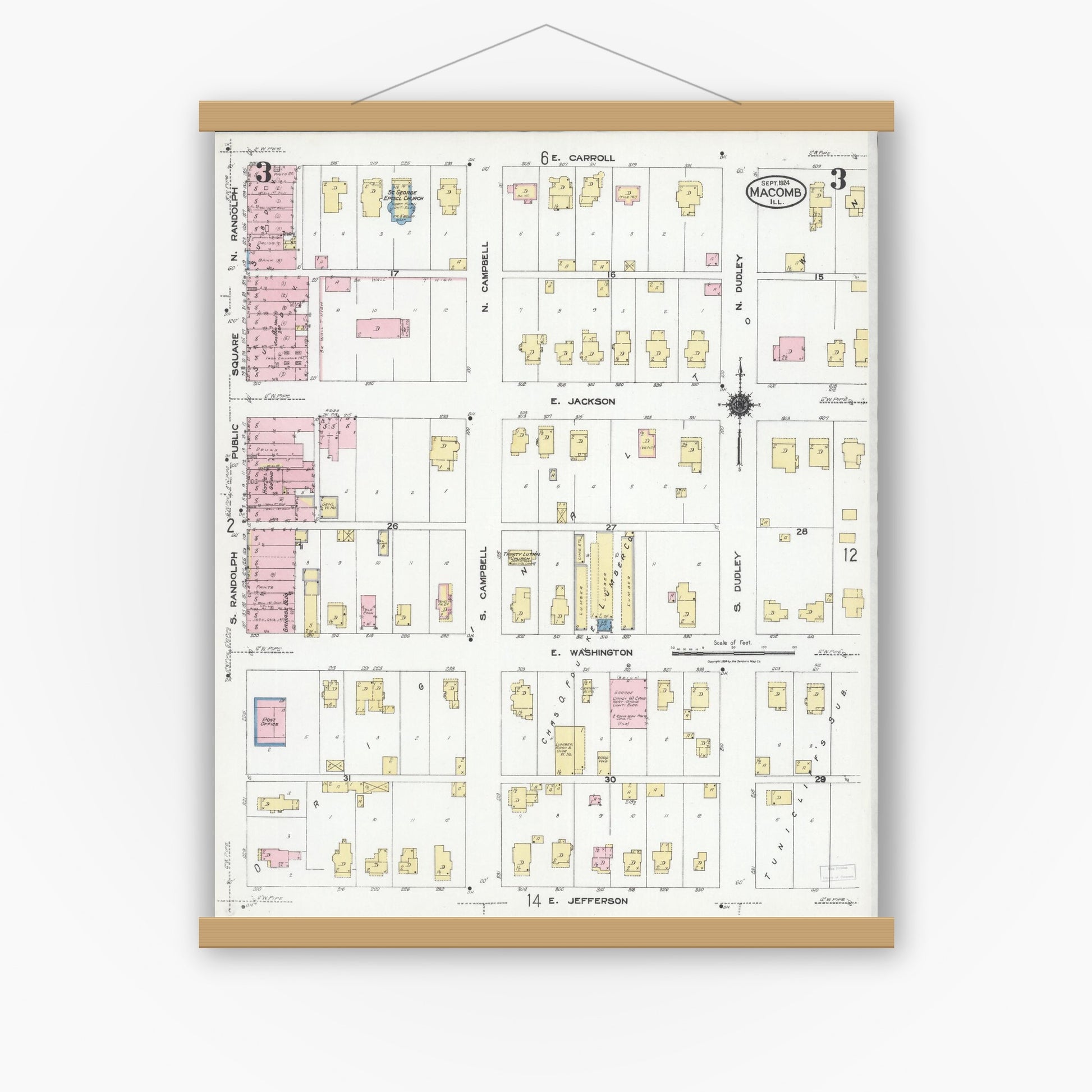 Old map wall art mockup — magnetic wood frame on white wall — Sanborn Fire Insurance Map from Macomb, Mcdonough County, Illinois (1924), Sheet #0003