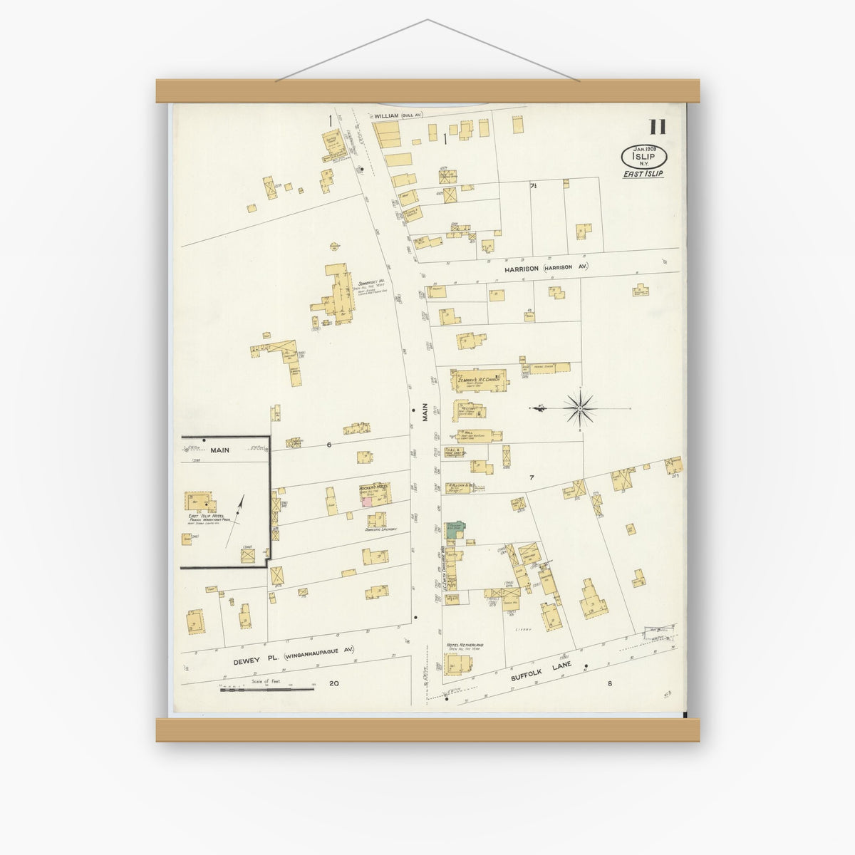 Old map wall art mockup — magnetic wood frame on white wall — Sanborn Fire Insurance Map from Islip, Suffolk County, New York (1909), Sheet #0011