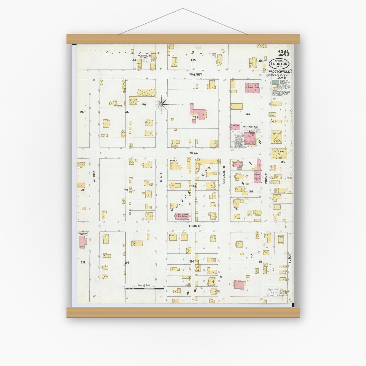 Old map wall art mockup — magnetic wood frame on white wall — Sanborn Fire Insurance Map from Ironton, Lawrence County, Ohio (1900), Sheet #0026