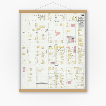 Old map wall art mockup — magnetic wood frame on white wall — Sanborn Fire Insurance Map from Ironton, Lawrence County, Ohio (1900), Sheet #0026
