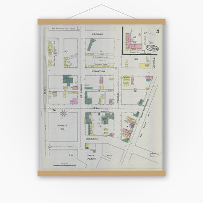 Old map wall art mockup — magnetic wood frame on white wall — Sanborn Fire Insurance Map from El Paso, El Paso County, Texas (1885), Sheet #0003