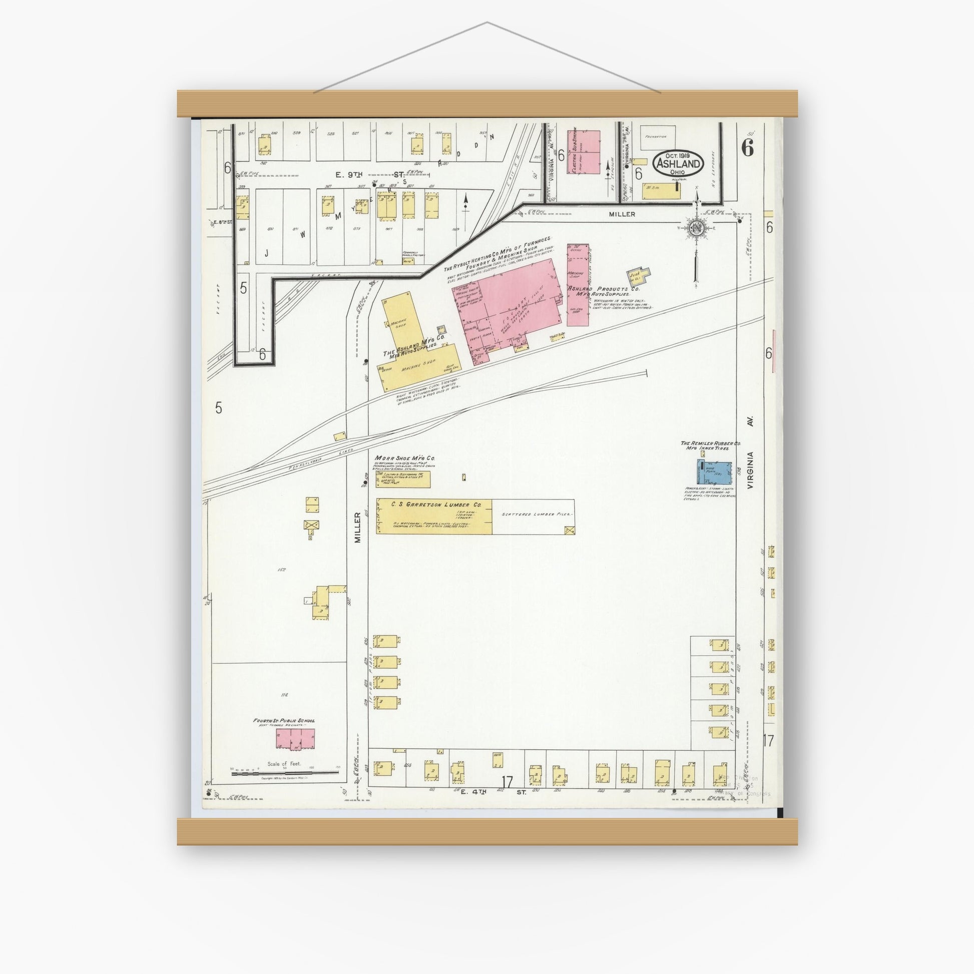Old map wall art mockup — magnetic wood frame on white wall — Sanborn Fire Insurance Map from Ashland, Ashland County, Ohio (1919), Sheet #0006