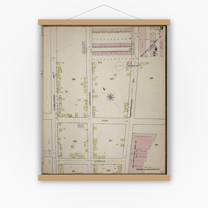 Old map wall art mockup — magnetic wood frame on white wall — Sanborn Fire Insurance Map from Yonkers, Westchester County, New York (1886), Sheet #0009