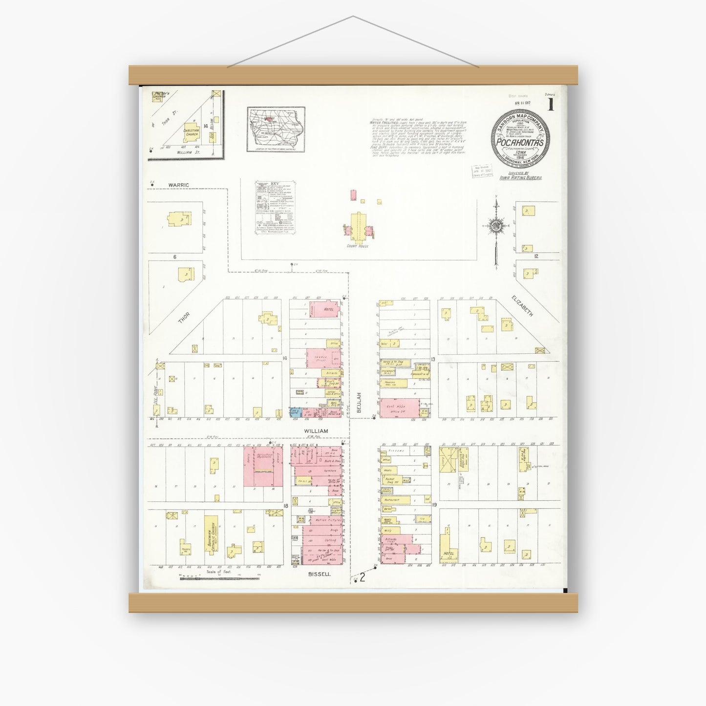 Old map wall art mockup — magnetic wood frame on white wall — Sanborn Fire Insurance Map from Pocahontas, Pocahontas County, Iowa (1916), Sheet #0001