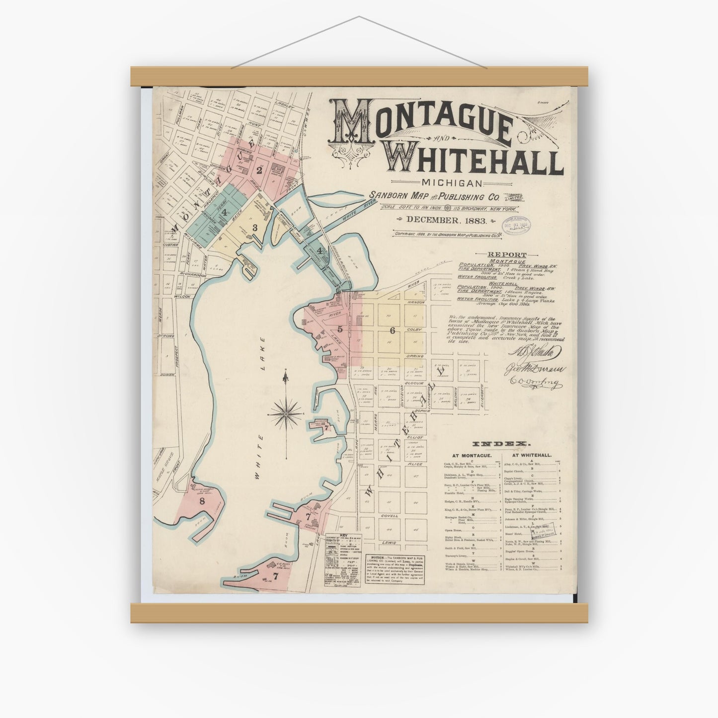 Old map wall art mockup — magnetic wood frame on white wall — Sanborn Fire Insurance Map from Montague, Muskegon County, Michigan (1883) - Complete Map Set