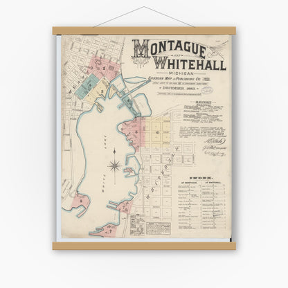 Old map wall art mockup — magnetic wood frame on white wall — Sanborn Fire Insurance Map from Montague, Muskegon County, Michigan (1883) - Complete Map Set