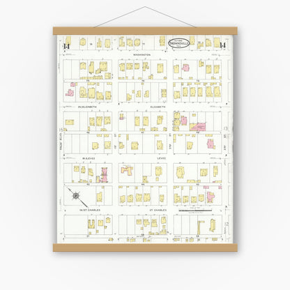 Old map wall art mockup — magnetic wood frame on white wall — Sanborn Fire Insurance Map from Brownsville, Cameron County, Texas (1926), Sheet #0014