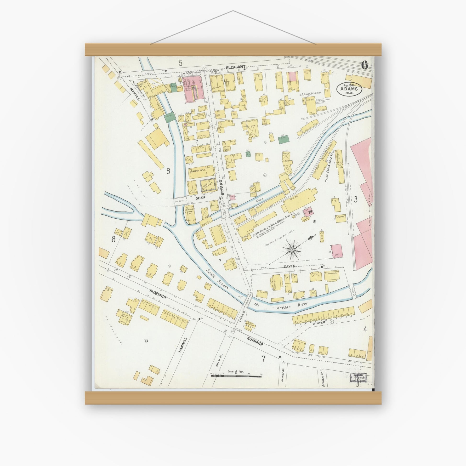 Old map wall art mockup — magnetic wood frame on white wall — Sanborn Fire Insurance Map from Adams, Berkshire County, Massachusetts (1901), Sheet #0006