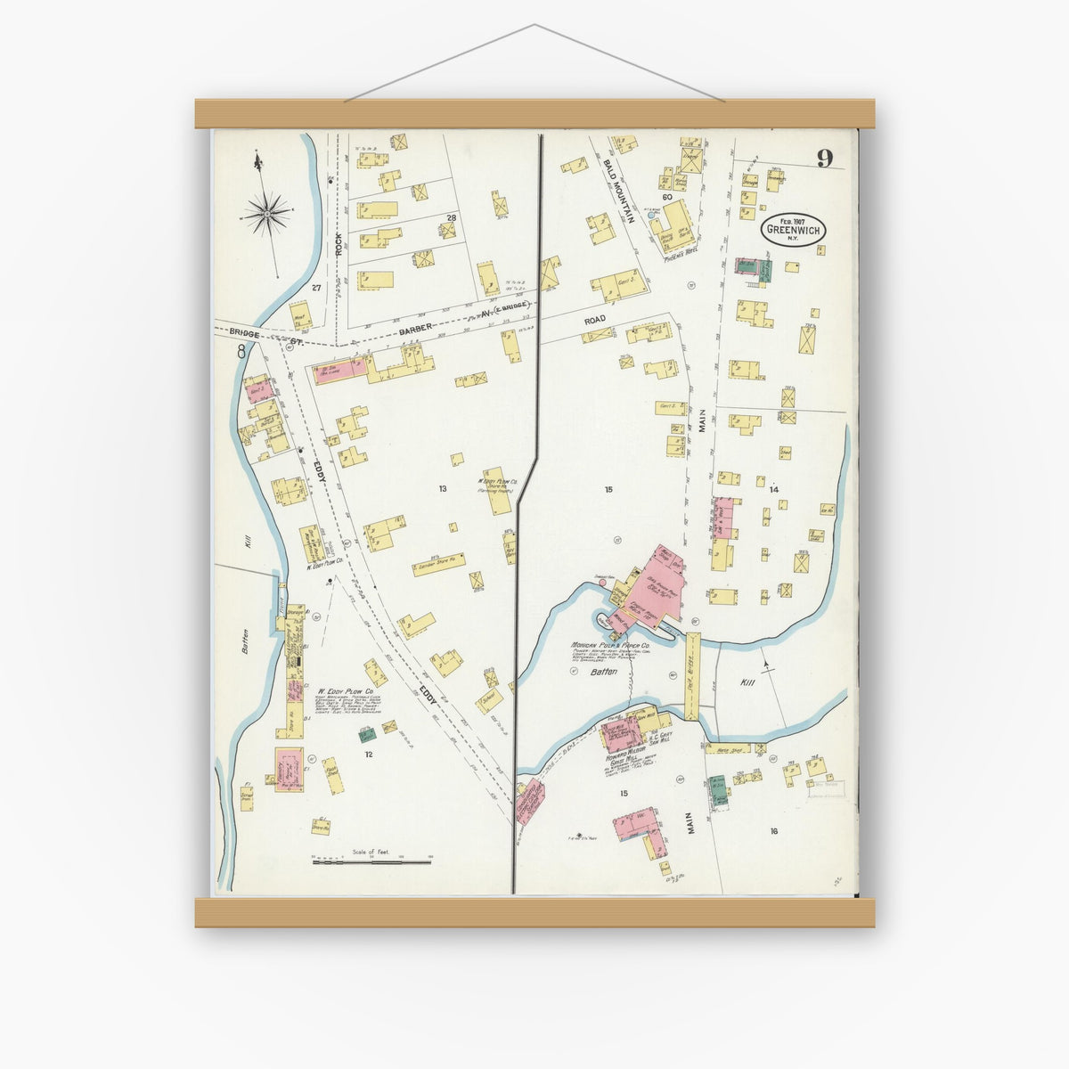 Old map wall art mockup — magnetic wood frame on white wall — Sanborn Fire Insurance Map from Greenwich, Washington County, New York (1907), Sheet #0009