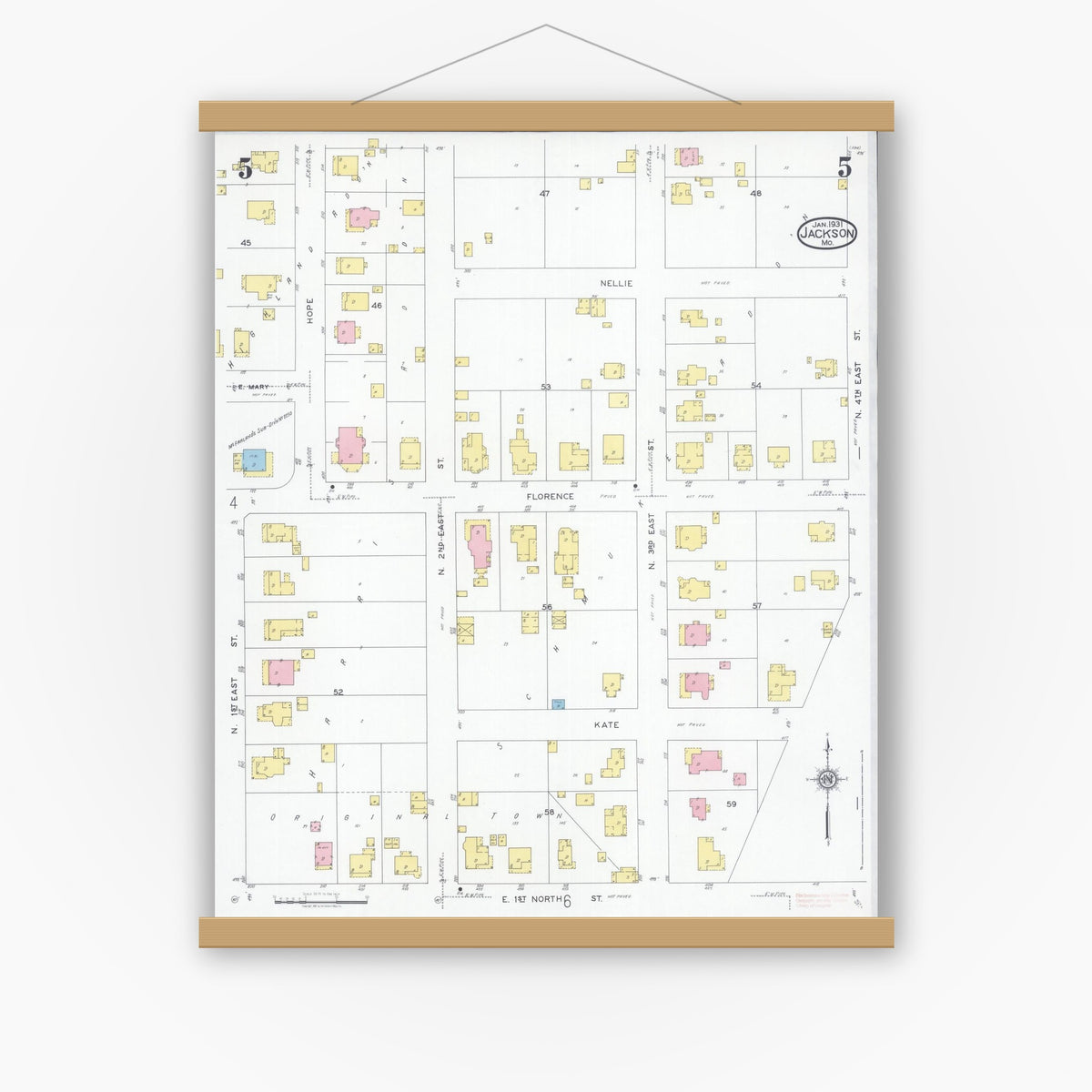 Old map wall art mockup — magnetic wood frame on white wall — Sanborn Fire Insurance Map from Jackson, Cape Girardeau County, Missouri (1931), Sheet #0005