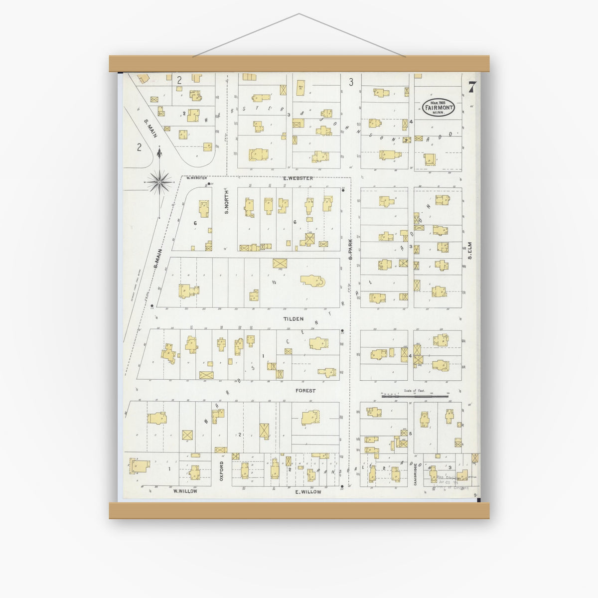 Old map wall art mockup — magnetic wood frame on white wall — Sanborn Fire Insurance Map from Fairmont, Martin County, Minnesota (1905), Sheet #0007