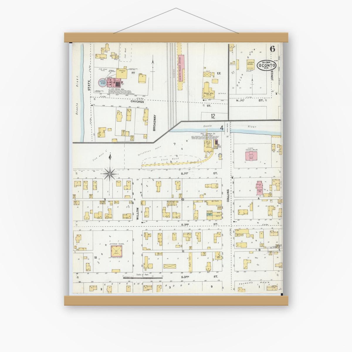 Old map wall art mockup — magnetic wood frame on white wall — Sanborn Fire Insurance Map from Oconto, Oconto County, Wisconsin (1904), Sheet #0006