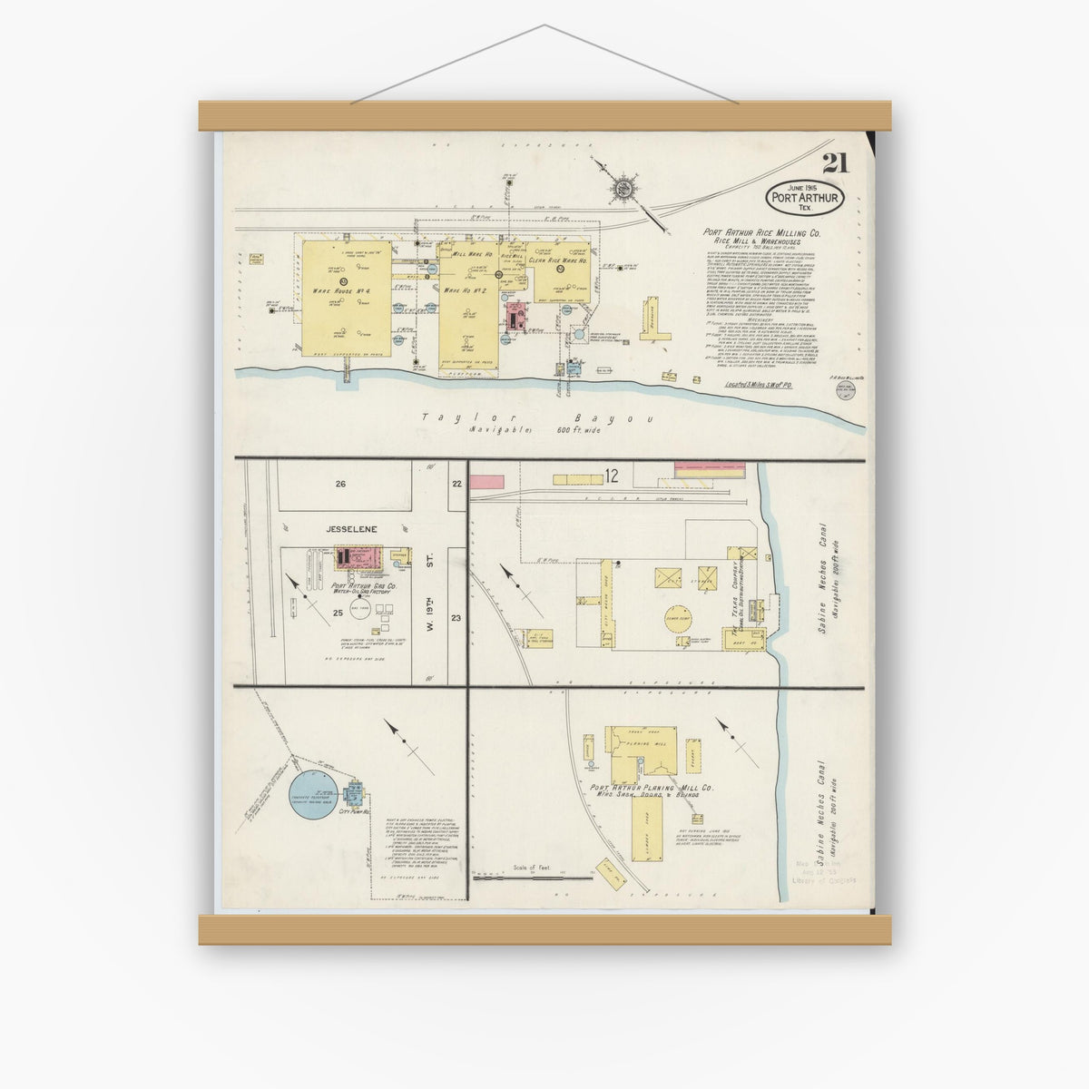 Old map wall art mockup — magnetic wood frame on white wall — Sanborn Fire Insurance Map from Port Arthur, Jefferson County, Texas (1915), Sheet #0021