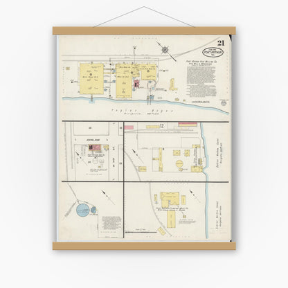 Old map wall art mockup — magnetic wood frame on white wall — Sanborn Fire Insurance Map from Port Arthur, Jefferson County, Texas (1915), Sheet #0021