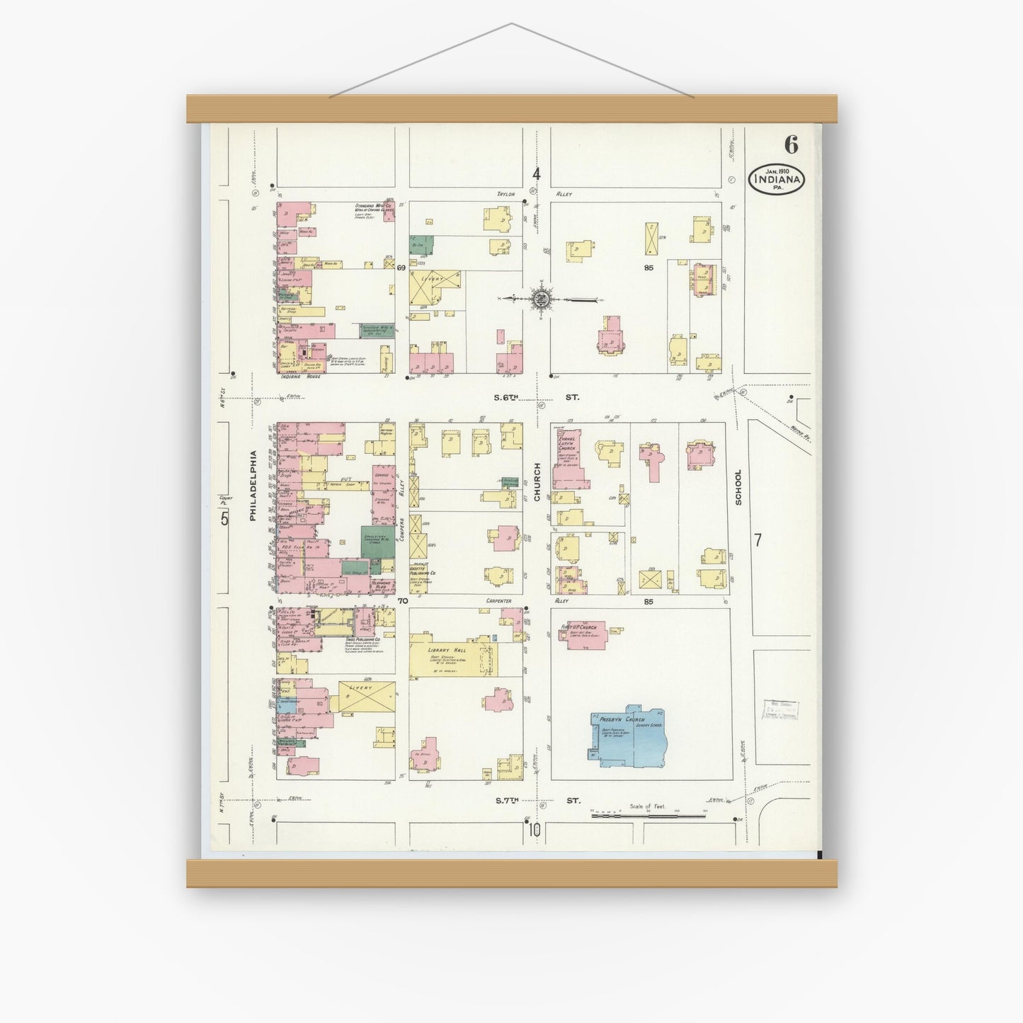 Old map wall art mockup — magnetic wood frame on white wall — Sanborn Fire Insurance Map from Indiana, Indiana County, Pennsylvania (1910), Sheet #0006