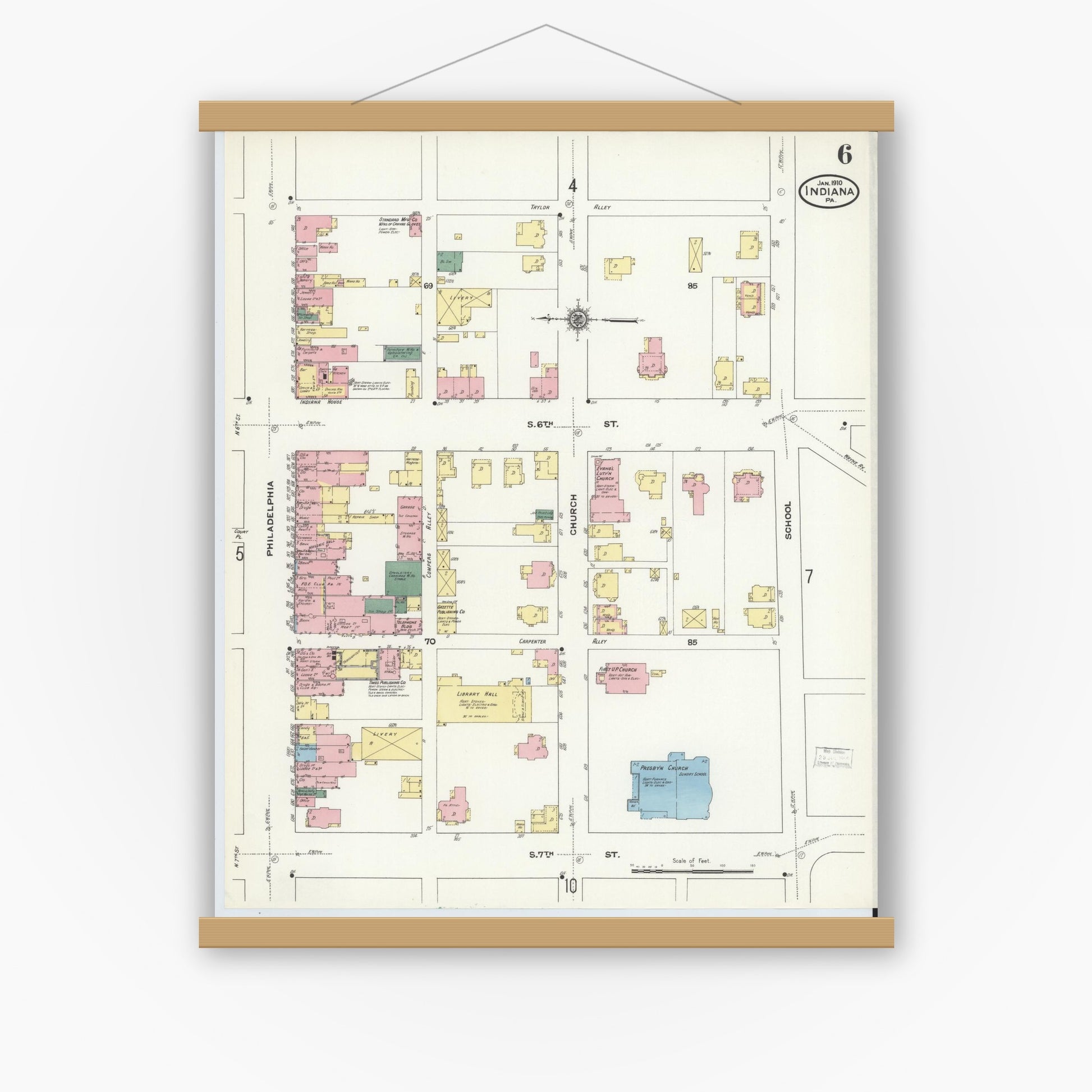 Old map wall art mockup — magnetic wood frame on white wall — Sanborn Fire Insurance Map from Indiana, Indiana County, Pennsylvania (1910), Sheet #0006