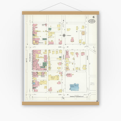 Old map wall art mockup — magnetic wood frame on white wall — Sanborn Fire Insurance Map from Indiana, Indiana County, Pennsylvania (1910), Sheet #0006