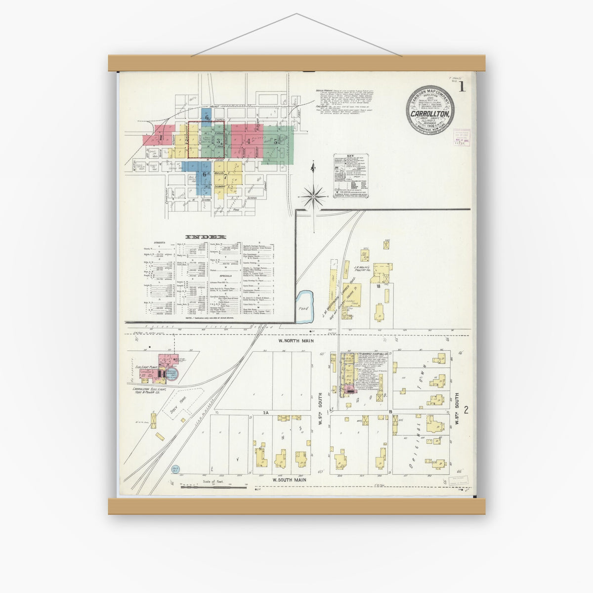 Old map wall art mockup — magnetic wood frame on white wall — Sanborn Fire Insurance Map from Carrollton, Greene County, Illinois (1906) - Complete Map Set