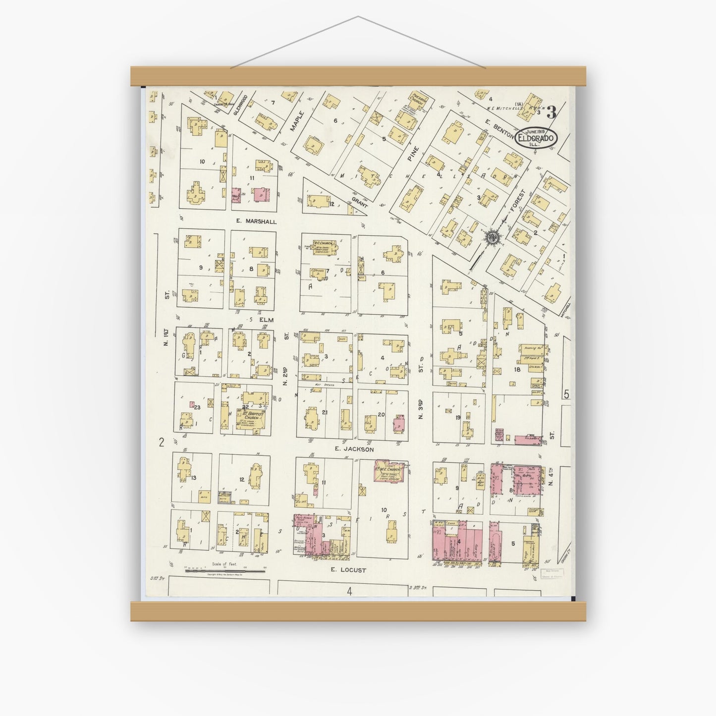 Old map wall art mockup — magnetic wood frame on white wall — Sanborn Fire Insurance Map from Eldorado, Saline County, Illinois (1919), Sheet #0003
