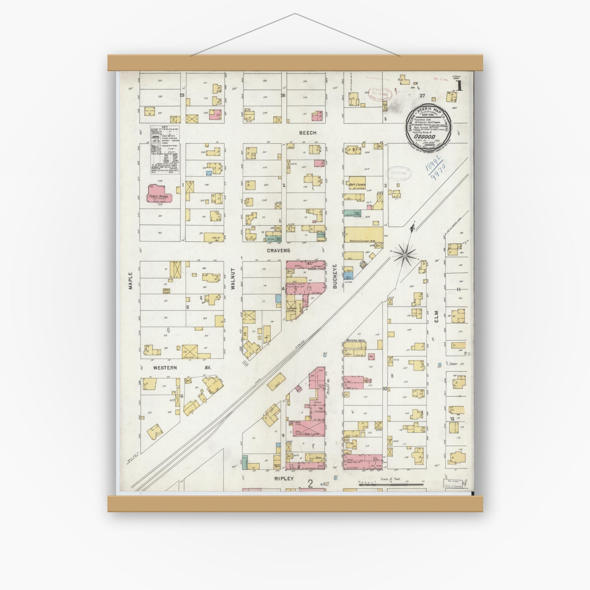Old map wall art mockup — magnetic wood frame on white wall — Sanborn Fire Insurance Map from Osgood, Ripley County, Indiana (1899) - Complete Map Set
