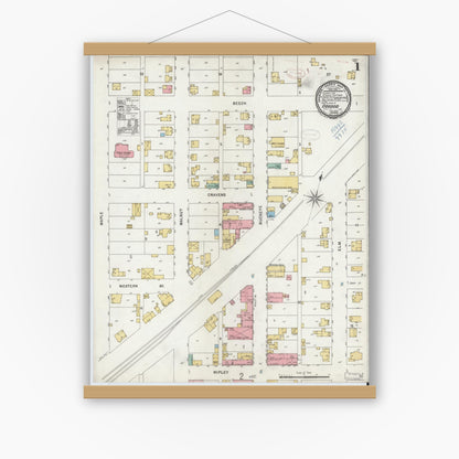 Old map wall art mockup — magnetic wood frame on white wall — Sanborn Fire Insurance Map from Osgood, Ripley County, Indiana (1899) - Complete Map Set