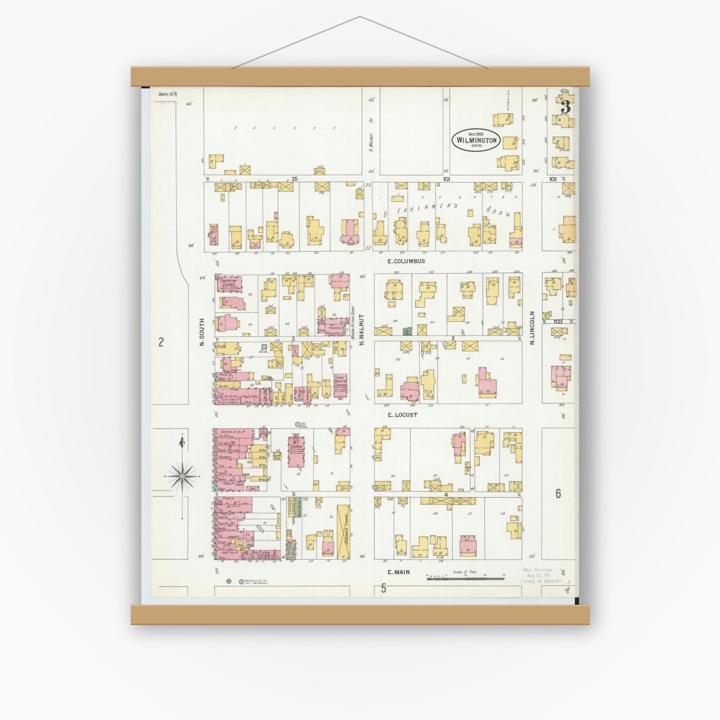 Old map wall art mockup — magnetic wood frame on white wall — Sanborn Fire Insurance Map from Wilmington, Clinton County, Ohio (1900), Sheet #0003
