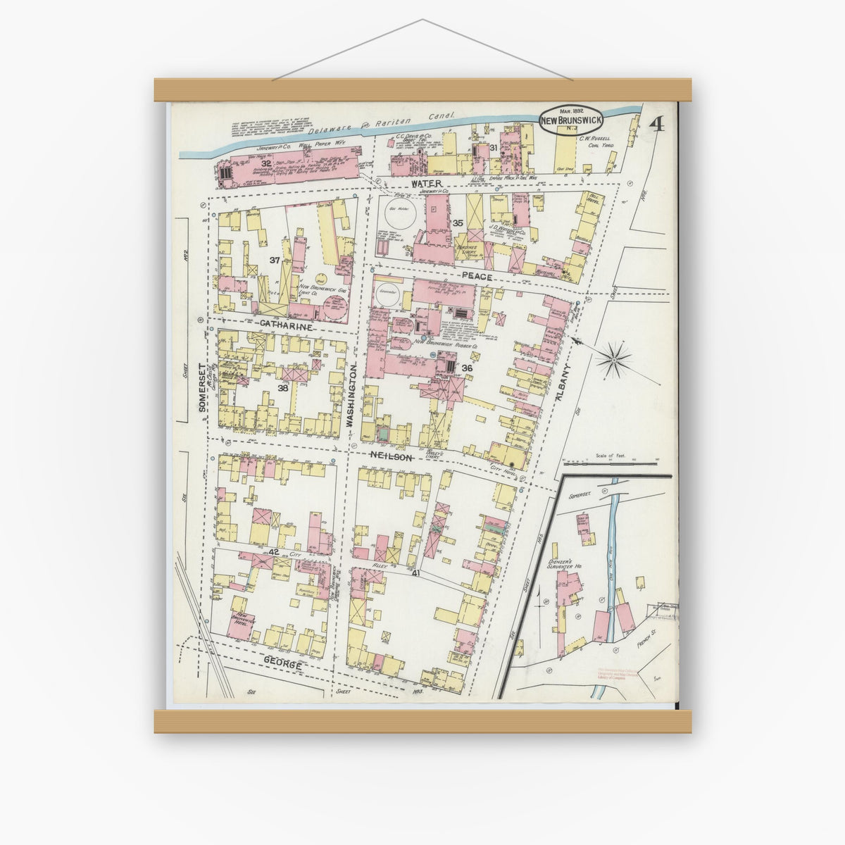 Old map wall art mockup — magnetic wood frame on white wall — Sanborn Fire Insurance Map from New Brunswick, Middlesex County, New Jersey (1892), Sheet #0004