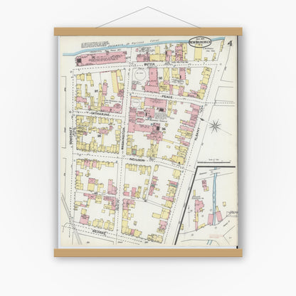 Old map wall art mockup — magnetic wood frame on white wall — Sanborn Fire Insurance Map from New Brunswick, Middlesex County, New Jersey (1892), Sheet #0004