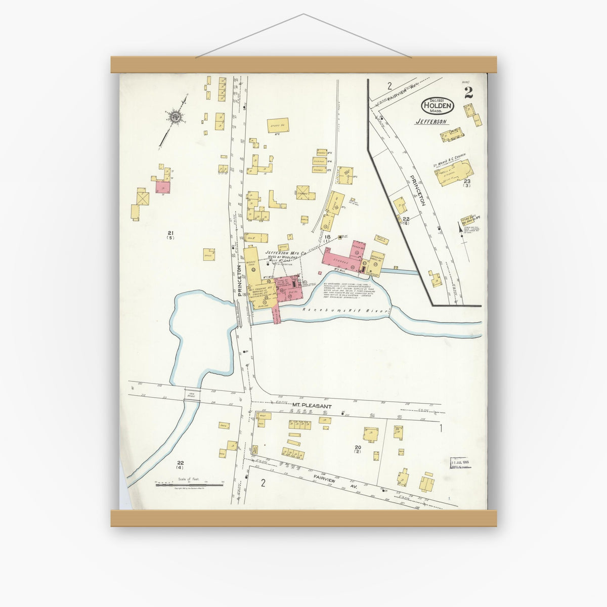 Old map wall art mockup — magnetic wood frame on white wall — Sanborn Fire Insurance Map from Holden, Worcester County, Massachusetts (1921), Sheet #0002