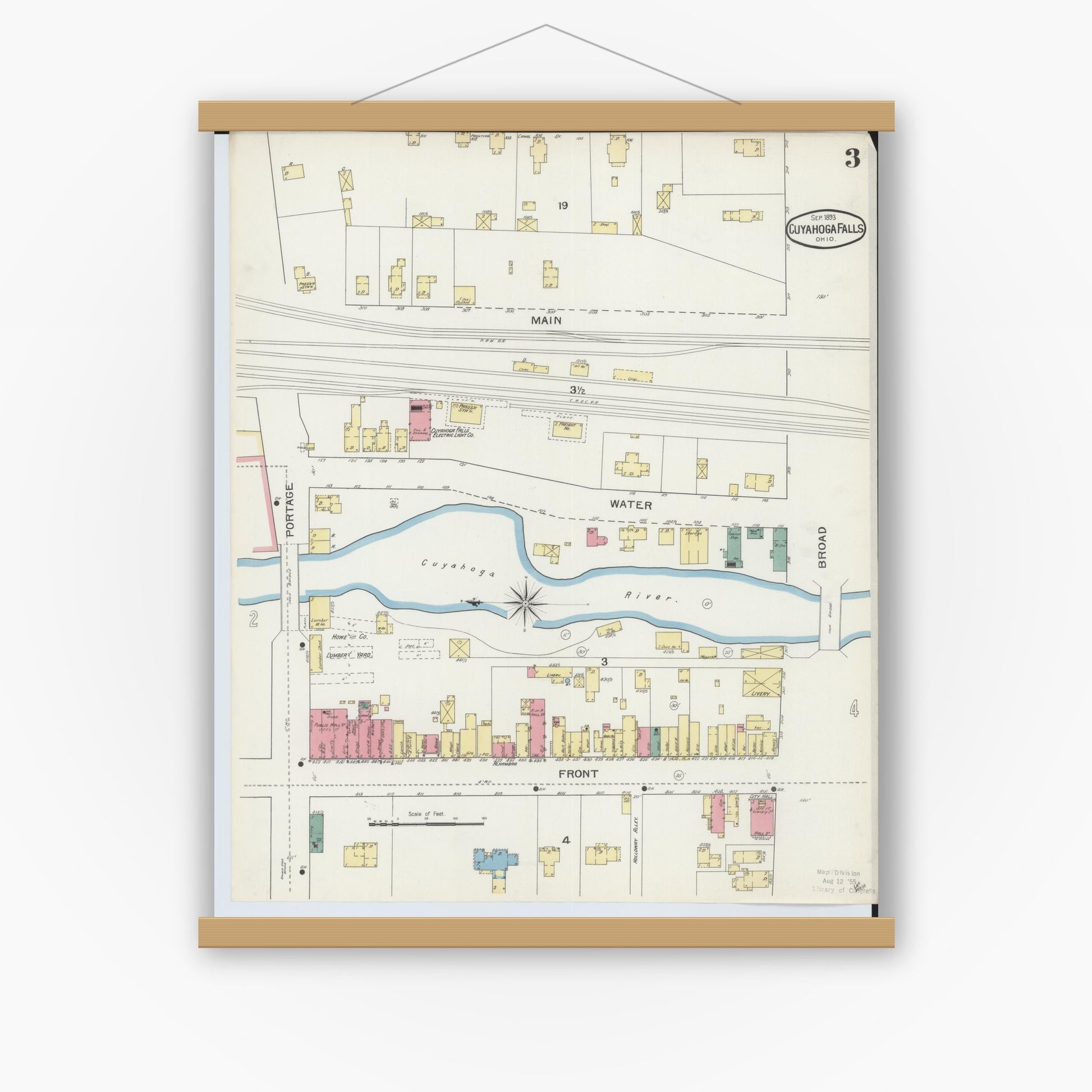 Old map wall art mockup — magnetic wood frame on white wall — Sanborn Fire Insurance Map from Cuyahoga Falls, Summit County, Ohio (1893), Sheet #0003