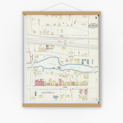 Old map wall art mockup — magnetic wood frame on white wall — Sanborn Fire Insurance Map from Cuyahoga Falls, Summit County, Ohio (1893), Sheet #0003