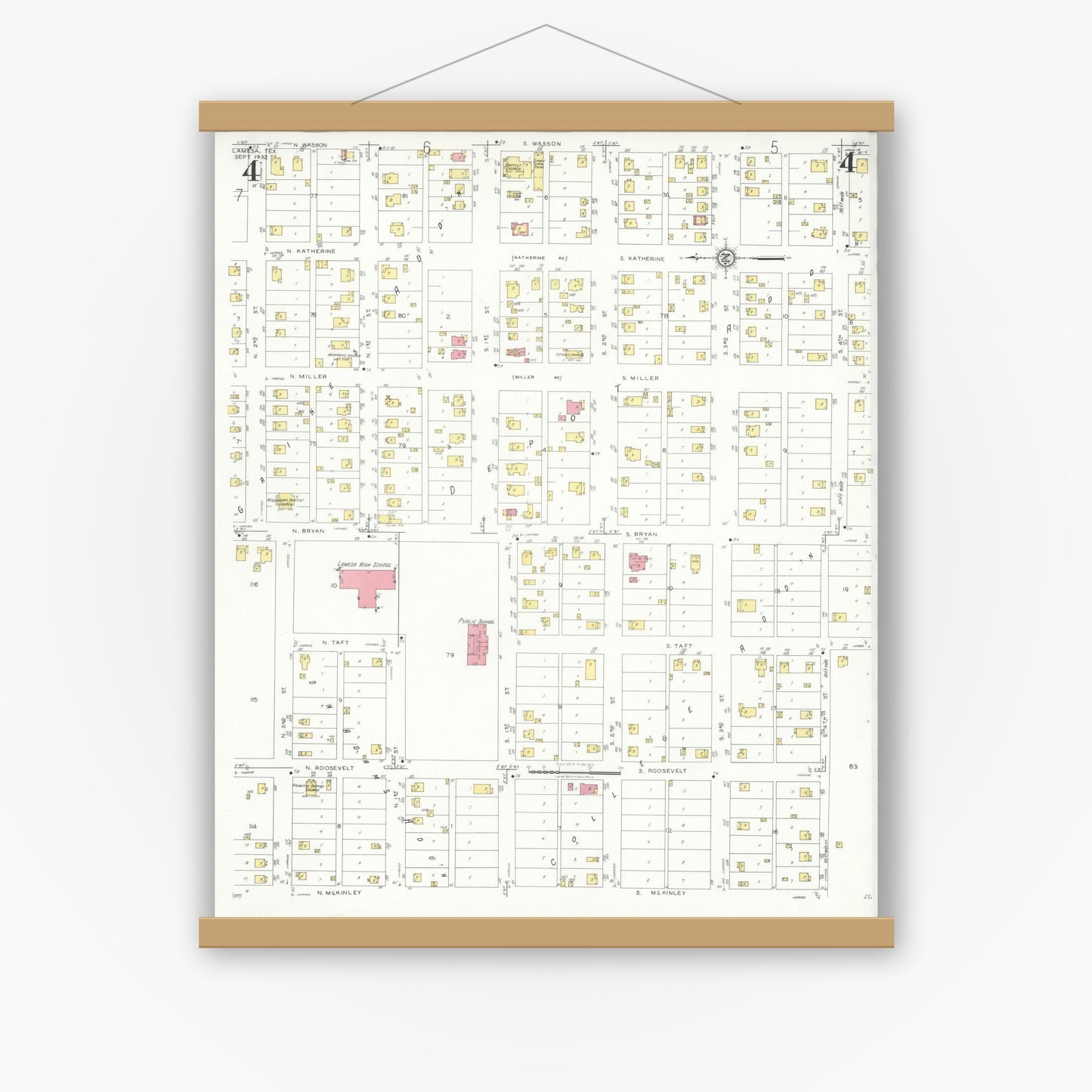 Old map wall art mockup — magnetic wood frame on white wall — Sanborn Fire Insurance Map from Lamesa, Dawson County, Texas (1932), Sheet #0004