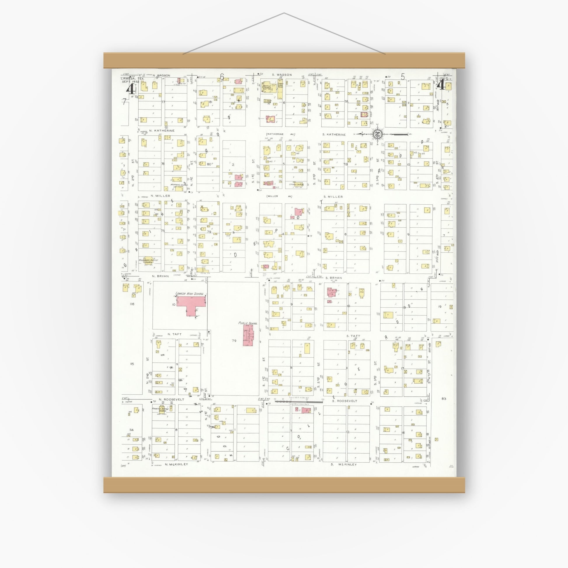 Old map wall art mockup — magnetic wood frame on white wall — Sanborn Fire Insurance Map from Lamesa, Dawson County, Texas (1932), Sheet #0004