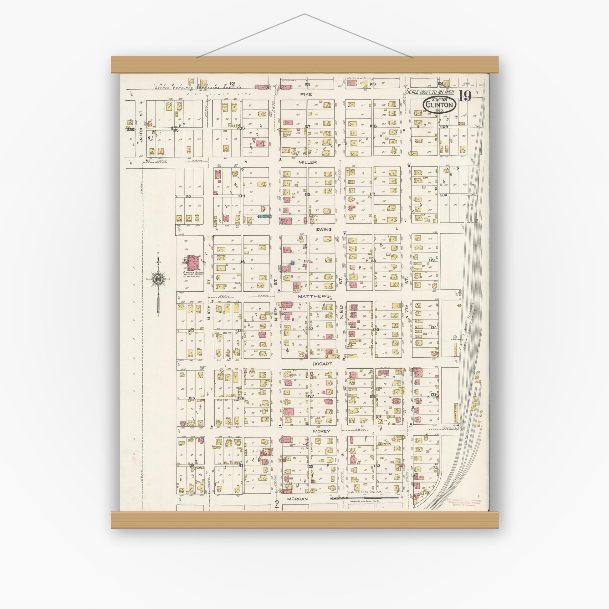 Old map wall art mockup — magnetic wood frame on white wall — Sanborn Fire Insurance Map from Clinton, Vermillion County, Indiana (1921), Sheet #0019