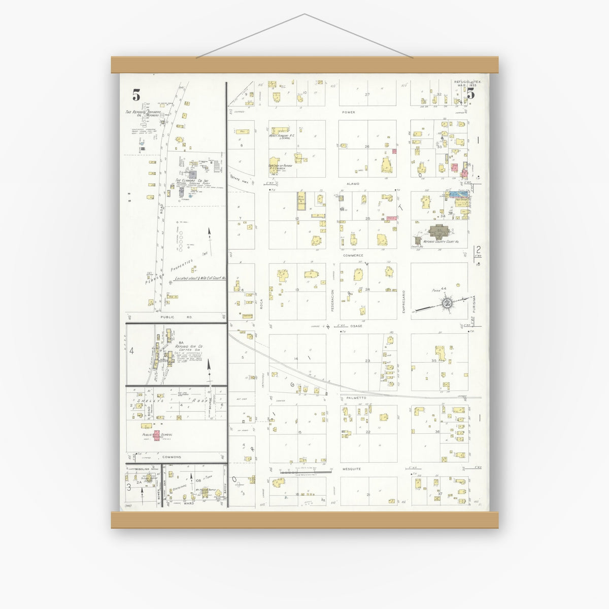 Old map wall art mockup — magnetic wood frame on white wall — Sanborn Fire Insurance Map from Refugio, Refugio County, Texas (1935), Sheet #0005