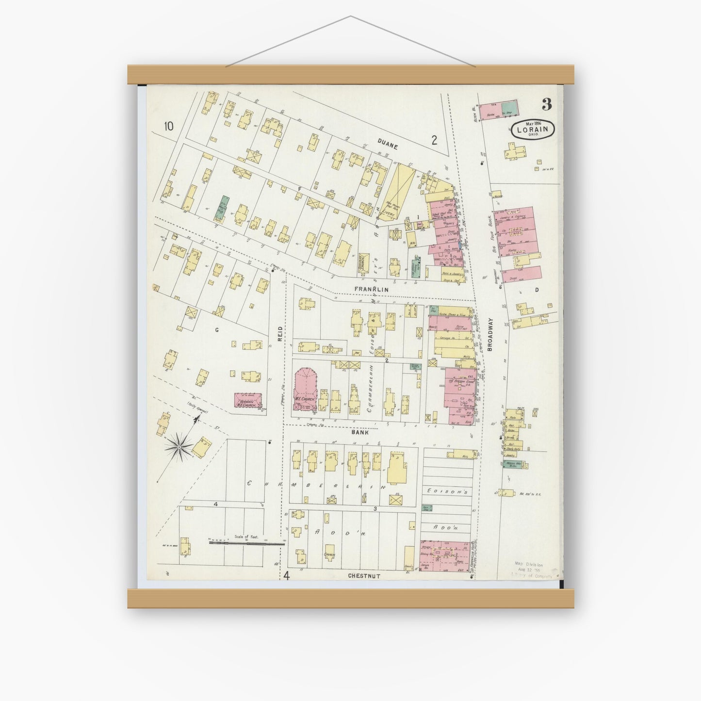 Old map wall art mockup — magnetic wood frame on white wall — Sanborn Fire Insurance Map from Lorain, Lorain County, Ohio (1896), Sheet #0003
