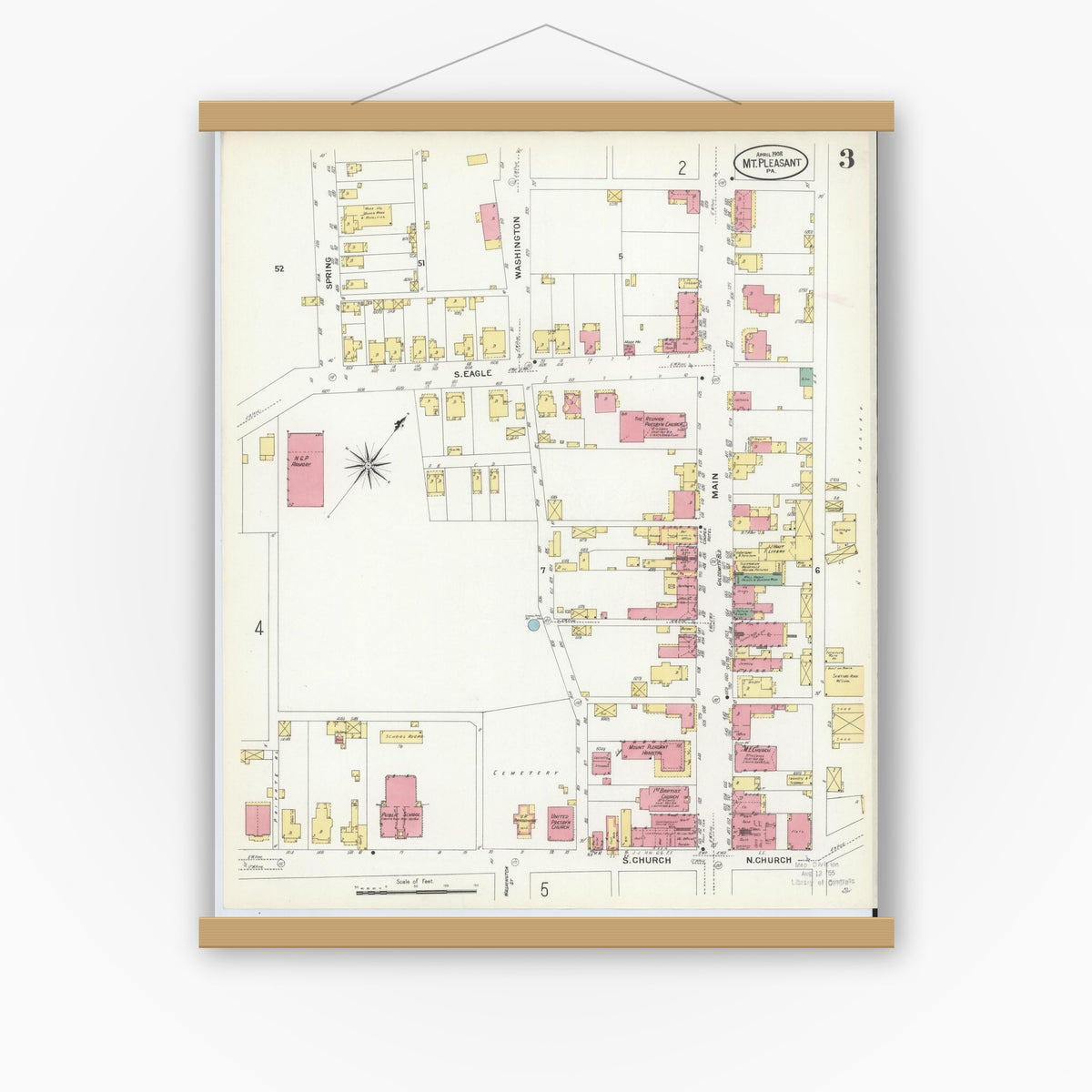 Old map wall art mockup — magnetic wood frame on white wall — Sanborn Fire Insurance Map from Mount Pleasant, Westmoreland County, Pennsylvania (1908), Sheet #0003