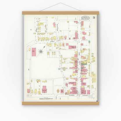 Old map wall art mockup — magnetic wood frame on white wall — Sanborn Fire Insurance Map from Mount Pleasant, Westmoreland County, Pennsylvania (1908), Sheet #0003