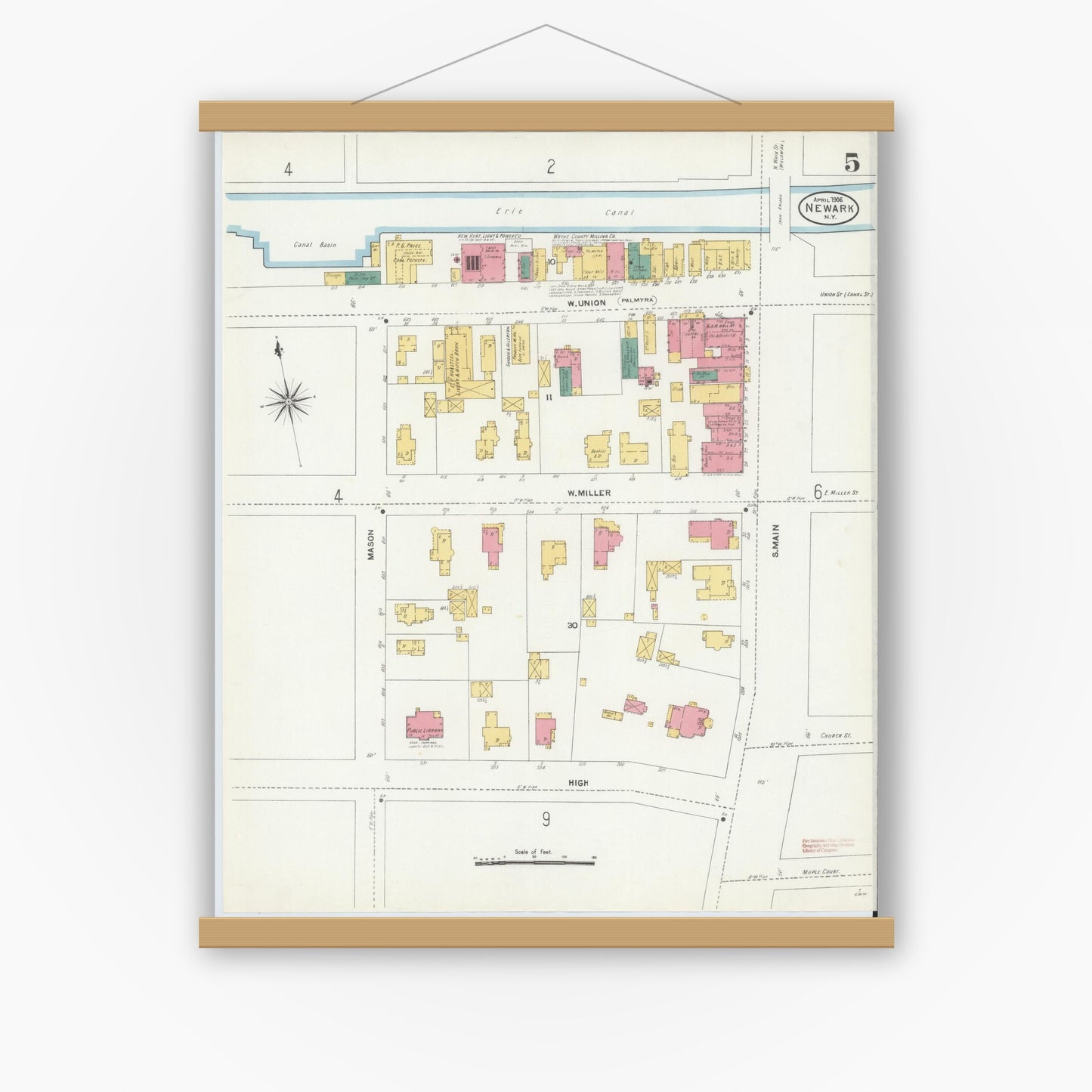 Old map wall art mockup — magnetic wood frame on white wall — Sanborn Fire Insurance Map from Newark, Wayne County, New York (1906), Sheet #0005