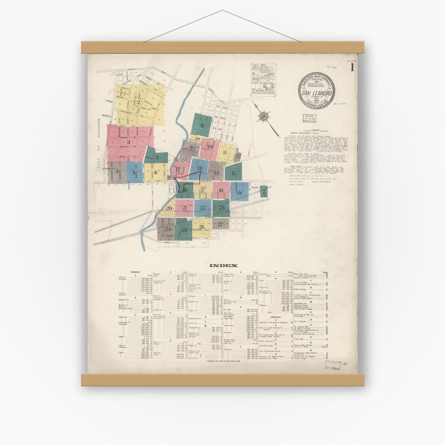 Old map wall art mockup — magnetic wood frame on white wall — Sanborn Fire Insurance Map from San Leandro, Alameda County, California (1917) - Complete Map Set